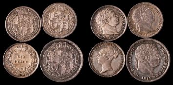 An 1819 shilling and 1816, 1817, 1838 sixpences.