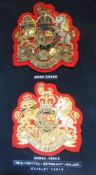Grenadier Guards: two cloth and bullion badges, Kings Crown and Queens Crown, for scarlet tunics.