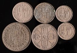 A Victorian 1887 halfcrown florin, two shillings and two sixpences:.