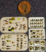 Two Wheatley aluminium fly tins and contents: together with one other fly tin and a mahogany and