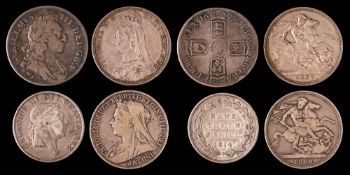 A 1695 crown, an 1814 three shilling bank token and two crowns 1887 and 1898.