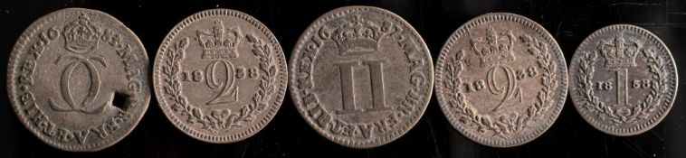Five Maundy coins including a James II Maundy 2d:.