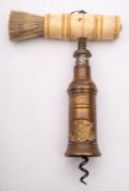 A small half bottle Thomason type corkscrew:, the turned bone handle with suspension loop and brush,