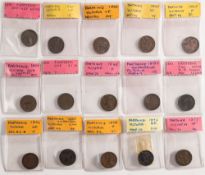 Fourteen Victorian copper farthings:, 1838/41/43/45/47/49/50/53(x3)/54/55/57/58 and a bronze 1872.