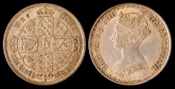 An 1852 Gothic florin.