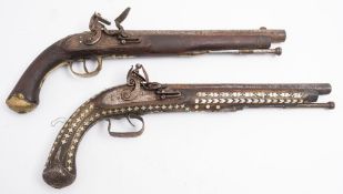 An Indian mother of pearl inlaid flintlock pistol: with plain 11 1/2 inch barrel and sidelock
