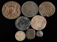 A selection of coins including 1708 E* shilling:, 1694 William & Mary copper halfpenny,