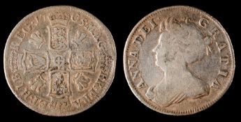 A 1705 Queen Anne shilling, Welsh plumes in angles.