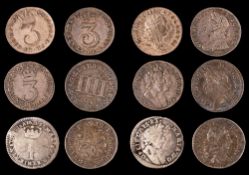 Maundy odds - Fourpence 1680, 1683, 1691 and threepence 1689, 1748, 1762.