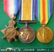 A Great War trio: to 923 Pte. S. Jones. Durh. L.I. includes 1914-15 Star, War and Victory Medals.