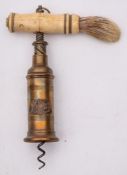 A Thomason type brass barrelled corkscrew:, , double action with bone handle and brush,