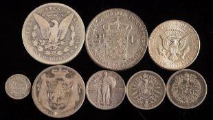 An 1874B German mark:, an 1875A mark, 1924 USA quarter dollar, 1901 USA dollar, 1853 half dime etc.