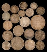 Twenty silver milled coins including 1723 SSC sixpence and a 1745 Lima shilling.