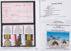 A WWI trio to '1770 Pte J E Spicer S Notts Hrs':, together with copies of research.