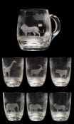 A glass tankard and six beakers en suite: each engraved with 'big game' specimens above basal