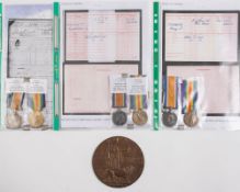 Medals: A group of three WWI pairs and a Memorial plaque, the plaque to 'Cecil Herbert Bray',