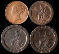 Two 1797 twopences, a 1797 penny and an 1858 penny.