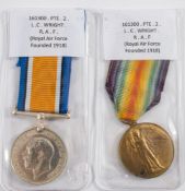 A WWI pair to '161300 Pte 2 L C Wright RAF':.