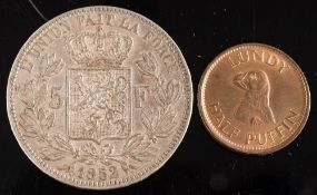 A Lundy half puffin and an 1812 Leopold 5 Franc:,