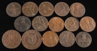 Sixteen various halfpenny tokens including a Wellington token:.