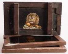 A 19th century hand painted magic lantern double slipping slide of a lion:,