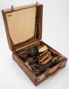 A small horn and brass powder horn: together with a brass dram, a copper and brass powder flask,