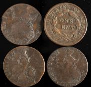 An 1819 US cent and three evasion halfpennies:.