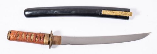 A Japanese tanto:, unsigned, the 12 inch blade over a copper habaki and gilt tsuba,