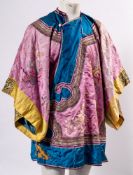 A Chinese pink, blue and gold silk jifu (robe):, the front decorated with gourd, fan and flowers,