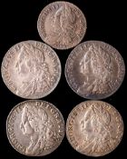 Four 1758 shillings and a 1758 sixpence.