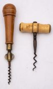 A multitool corkscrew:, with brass chuck, the turned boxwood handle containing four other tools,