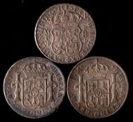 Three 8 Reales of Spain: 1763, two x 1799.