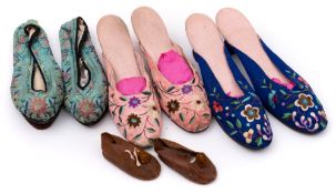 A pair of vintage lady's Chinese blue silk shoes:, and a similar pink silk pair of shoes ,