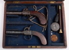 A matched pair of percussion cap boxlock pocket pistols:, both with short turn off barrels,