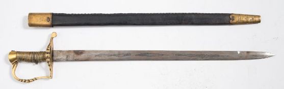 A reproduction Baker P1801 sidearm:, the straight blade over brass hilt,
