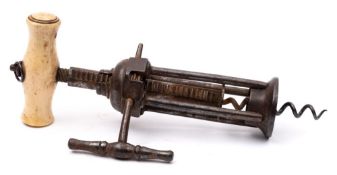 A bone handled London type rack and pinion corkscrew, with open four bar body.