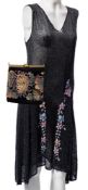 An early 20th century French black bead work flapper dress: decorated with geometric designs and