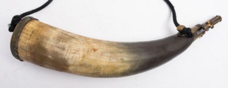 A horn and brass shot flask: unsigned, with lever measure and suspension mounts,