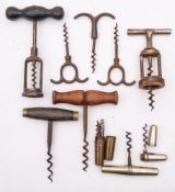A group of various corkscrews:, comprising three eyebrow straight pull corkscrews,