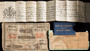 A Berwick Tweed £5 note dated 1840 together with a State Lottery Ticket dated 1785 and a 'Copy of