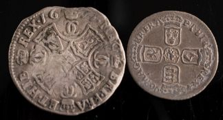 A Charles II 1671 Scottish silver coin and a William III 1696 sixpence:.