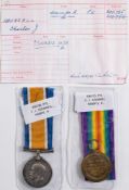 A WWI pair to '306785 Pte C J Hounsel Hamps R':.