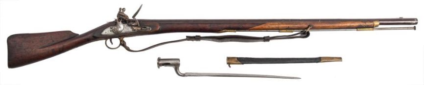 A 19th century Brown Bess flintlock musket:, the 38 1/2 inch plain barrel with sidelock action,