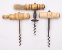 A Henshaw type corkscrew:, with ring turned bone handle with brush,