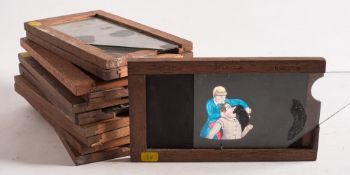 A group of eleven hand painted magic lantern glass slipping slides:,