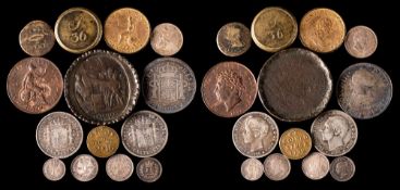 A selection of coins including an 1836 groat,: coin weights, 1799 farthing, Spanish silver coins,
