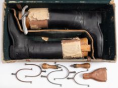 Peal & Co, London a pair of black leather riding boots:, together with three pairs of spurs by Peal,