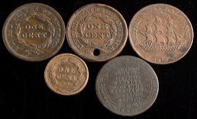 A Nelson halfpenny 1812:, Wellington halfpenny 1843 and 1845 (holed) USA large cents and 1859 cent.