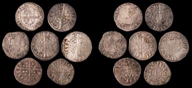 Five hammered pennies and two half groats 1572 and 1567.