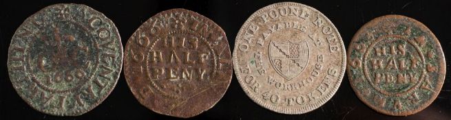 Three 17th century halfpenny tokens, including a 1669 Coventry and an 1812 Birmingham sixpence:.
